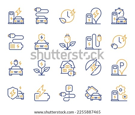 Electric car charging line icons. Charge station, Ev parking and Battery charger set. Home car charging, power station and electro energy line icons. Charge battery, parking electric plug. Vector