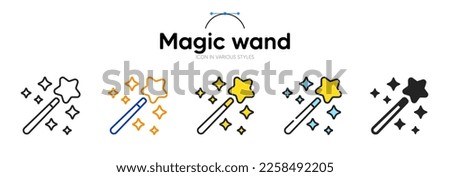 Magic wand line icon in different styles. Bicolor outline stroke style. Magician stick symbol for web ui, mobile application. Wizard tool with star. Magic stick wand. Vector