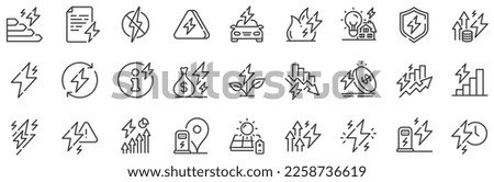 Electric power, Charge station and Electricity price inflation set. Energy line icons. Eco energy, efficiency consumption and saving electricity line icons. Lightning bolt, electric power. Vector