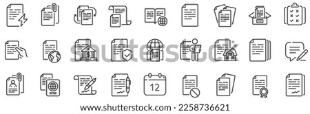 Copy files, Contract agreement, Passport. Documents line icons. CV interview, documents workflow, attachment clip icons. Change files, wrong document, bureaucracy and contract signature. Vector