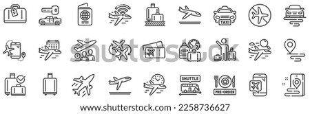Boarding pass, Baggage claim, Arrival and Departure. Airport line icons. Connecting flight, tickets, pre-order food icons. Passport control, airport baggage carousel, inflight wifi. Vector