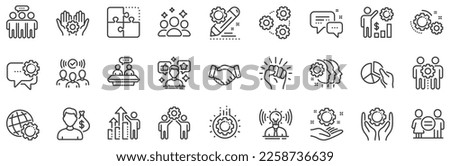 Business strategy, handshake and people collaboration. Employees benefits line icons. Teamwork, social responsibility, people relationship icons. Growth chart, employees benefits. Vector