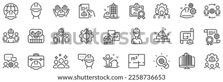 Teamwork, People and Technical documentation. Engineering line icons. Blueprint with gear, engineer and construction helmet set icons. Technician, industrial people, engineering process. Vector