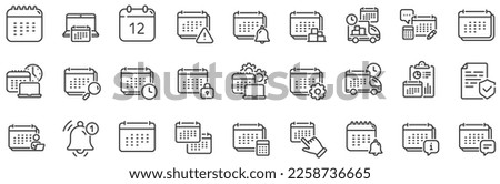 Schedule appointment, Event date, Time planner line icons. Calendar line icons. Account report, Delivery schedule and Diary planner. Event calendar, Deadline notification and month report. Vector