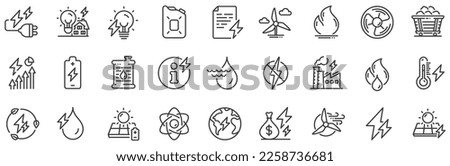 Coal Trolley, Solar Panels, Hydroelectric Power icons. Energy types line icons. Sustainable Electricity, Battery Energy, Fuel canister. Windmill power, Coal mine and Hydroelectricity. Vector