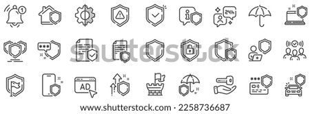 Car insurance, Secure shield and Safe umbrella. Defense line icons. Safety risk, Computer security and Defense privacy icons. Secure online information, Tower castle and protect shield. Vector