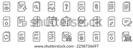 Set of Report, Checklist and Copy icons. Document Management line icons. Download file, Remove and Attach clip symbols. Search, Edit management document and Corrupt report file. Checklist copy. Vector