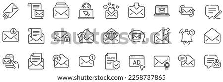 Newsletter, Email document, Correspondence icons. Mail message line icons. Received mail, Secure message and Web letter. Post office newsletter, Send email document, private communication. Vector