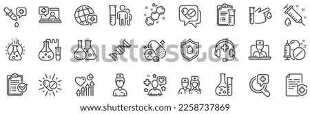 Drug testing, scientific discovery and disease prevention signs. Medical healthcare, doctor line icons. Chemical formula, medical doctor research, chemistry testing lab icons. Vector