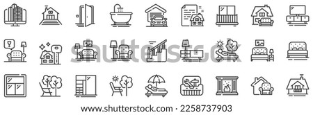 Balcony, house terrace and garden deckchair set. Furniture line icons. Home furniture, bath tub and fireplace line icons. Resort terrace and balcony, outdoor chair. Sliding wardrobe. Vector