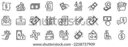 Set of Accept money transfer, Pay with Phone and Credit card by mail icons. Payment wallet line icons. Online payment, Dollar exchange and Fast money send. Private pay, Cash and Wallet. Vector