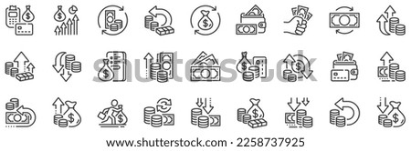 Finance, revenue reduction and financial benefit set. Money line icons. Economy, money savings and increase profit line icons. Cash back, wallet and return finance. Inflation rising. Vector