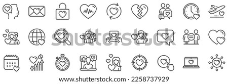 Couple, Romantic and Heart icons. Love line icons. Valentines day love symbols. Divorce or Break up heart, romantic couple. Laptop, timer, communication. Target, valentines day holiday. Vector