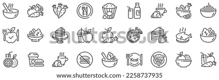 Vegatable dish, poke bowl food and healthy salad set. Meal line icons. Pizza, pasta spaghetti bowl and burger line icons. Breakfast meal, vegetable salad and fish. Apple and carrot fresh juice. Vector