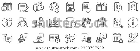 Reception information, Journey path, Guide book. Info center line icons. Call center, Faq chat bubbles, Info help desk icons. Question mark, Search information and Customer help service. Vector