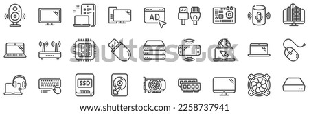 Motherboard, CPU, Internet cables icons. Computer components, Laptop, SSD line icons. Wifi router, computer monitor, Graphic card. Keyboard, SSD device. Internet cables, laptop components. Vector
