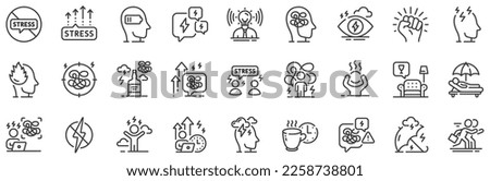 Mental health, depression and confusion thoughts. Stress line icons. Frustrated man, negative mood, panic fear outline icons. Stress pressure and psychology mental problems. Bad depression. Vector