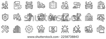 Car repair, Home cleaning, Engineering service line icons. Professional services line icons. Builder and Painter, Wrench tool with hammer, Car wash. Birthday events and internet services. Vector
