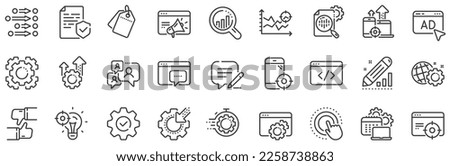 Website stats, Target and Increase sales signs. Seo line icons. Traffic management, social network and seo optimization icons. Gear wheel, Search engine and increase mobile sales. Vector