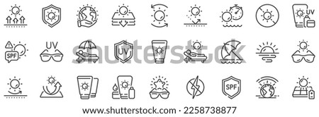 Sunscreen, beach lounger and umbrella set. Sun protection line icons. Summer sunbed, sunblock cream and uv sunglasses line icons. Spf protection, skin care lotion and beach sunscreen. Vector