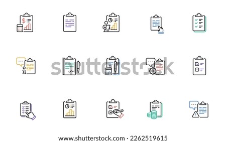 Checklist documents line icons. Agreement info, Clipboard manager, Accounting Report. Medical schedule, Document list and Voting checklist line icons. Data calculation, Contract document. Vector