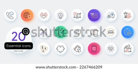 Simple set of Wallet, Hold heart and Share call line icons. Include 5g internet, Mattress, Budget profit icons. Medical drugs, Message, Moon web elements. Love tickets, Quick tips. Vector