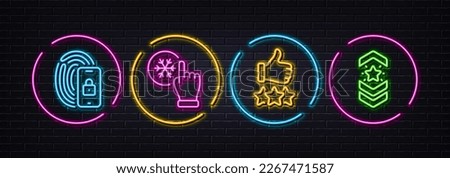 Freezing click, Rating stars and Lock minimal line icons. Neon laser 3d lights. Shoulder strap icons. For web, application, printing. Air conditioner, Thumb up, Biometric lock. Star rank. Vector