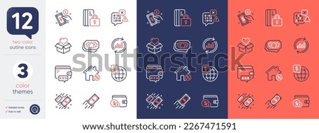 Set of Binary code, Payment and Wallet line icons. Include Payment method, Buying accessory, Donation icons. Loyalty points, Loan house, Blocked card web elements. Update data, World money. Vector