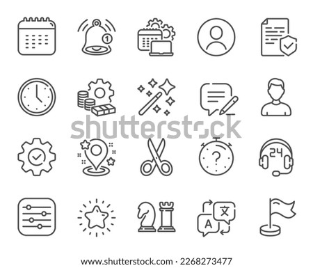 Business line icons. Language translate, Chess strategy and Notice alert set. Profile headshot, location place and annual calendar line icons. Avatar placeholder, business chess strategy. Vector