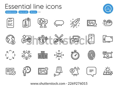 Text message, Attached info and Computer line icons. Collection of Startup rocket, Vip access, Checkbox icons. Stars, Wall lamp, Swipe up web elements. Solar panels, Company, Cardboard box. Vector
