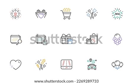 Calendar, Fireworks explosion and Fireworks rocket line icons for website, printing. Collection of Account, Shopping rating, New star icons. Heart, Journey, Surprise package web elements. Vector