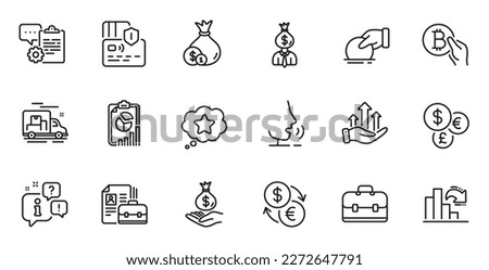 Outline set of Growth chart, Income money and Money currency line icons for web application. Talk, information, delivery truck outline icon. Include Bitcoin pay, Portfolio, Donate icons. Vector