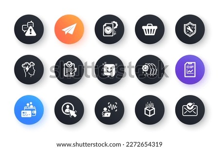 Minimal set of Mindfulness stress, Smile and Employees teamwork flat icons for web development. Augmented reality, User, Voice wave icons. Paper plane, Card, Report document web elements. Vector