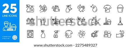 Outline icons set. Dont touch, Dirty mask and Wash t-shirt icons. Clean t-shirt, Hand washing, Wash hands web elements. Clean bubbles, Washing machine, Cleanser spray signs. Vector