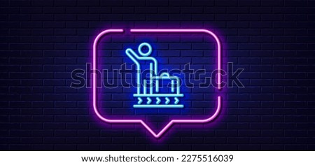 Neon light speech bubble. Luggage belt line icon. Suitcase bag sign. Baggage claim symbol. Neon light background. Luggage belt glow line. Brick wall banner. Vector