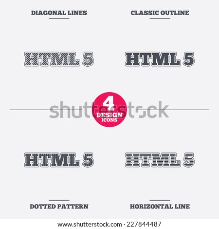 HTML5 sign icon. New Markup language symbol. Diagonal and horizontal lines, classic outline, dotted texture. Pattern design icons.  Vector