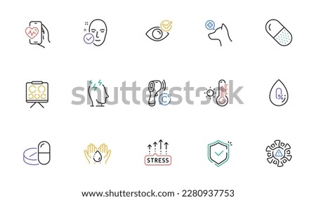 Veterinary clinic, Health skin and Medical drugs line icons for website, printing. Collection of Cardio training, Capsule pill, Coronavirus icons. Shield, Stress grows, No alcohol web elements. Vector