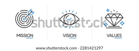 Mission, vision and values of business company. Target with arrow, business view and diamond icons. Success template. Mission purpose, leader vision and brilliant value. Infographic concept. Vector