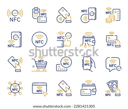 Nfc line icons. Near-field communication, contactless card, smartphone payment set. Mobile phone pay, nfc technology and Pos terminal icons. Contactless pay, nfc card, smartphone communication. Vector