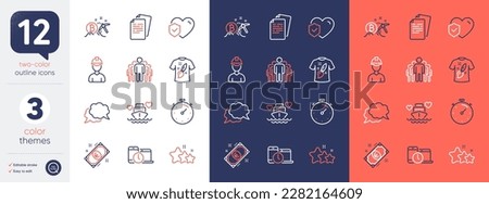 Set of Time management, Foreman and Stars line icons. Include Life insurance, Euro money, Honeymoon cruise icons. Group, Chat message, T-shirt design web elements. Documents, Timer. Vector