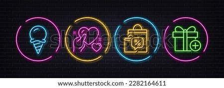Hold heart, Ice cream and Sale bags minimal line icons. Neon laser 3d lights. Add gift icons. For web, application, printing. Care love, Sundae cone, Discount chat bubble. Present box. Vector