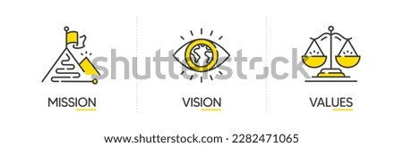 Mission, vision and values of business company. Target goal, global view and scales icons. Success template. Mission purpose flag, leader global vision and core value. Infographic concept. Vector