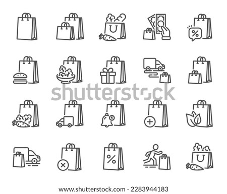 Shopping bag line icons. Gift box, food delivery and sale offer bag set. Fashion paper package, buy fresh salad and shopping mall bags icons. Present box, fast food delivery, shop discounts. Vector