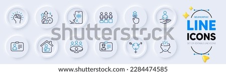 Genders, Stress and Difficult stress line icons for web app. Pack of Work home, Equity, Meeting pictogram icons. Empower, Recruitment, Id card signs. Identification card, Voicemail, Swipe up. Vector