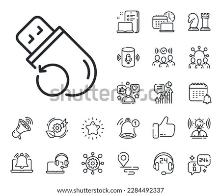 Backup data sign. Place location, technology and smart speaker outline icons. Recovery usb memory line icon. Restore information symbol. Flash memory line sign. Vector