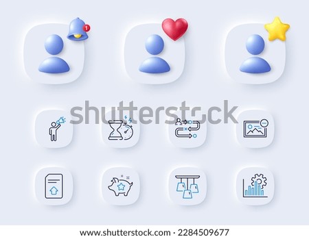 Loyalty points, Remove image and Brand ambassador line icons. Placeholder with 3d bell, star, heart. Pack of Seo graph, Upload file, Hourglass timer icon. Journey path, Ceiling lamp pictogram. Vector