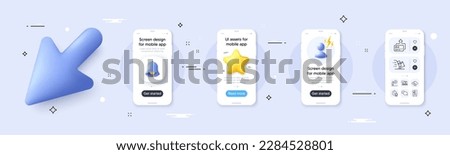 Best result, Business target and Card line icons pack. Phone screen mockup with 3d cursor. Alert, star and placeholder. Delivery cart, Cloud sync, Smile web icon. Vector