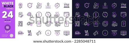 Online voting, Megaphone and Timer line icons for website, printing. Collection of Attachment, Loan percent, Sound check icons. Ceiling lamp, Food delivery, Accounting report web elements. Vector
