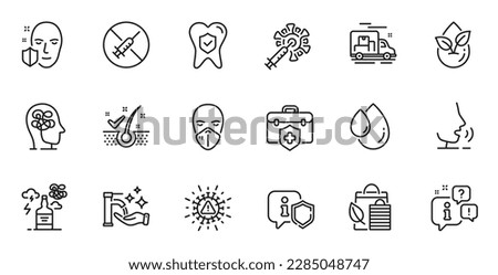 Outline set of Dental insurance, Medical insurance and Coronavirus line icons for web application. Talk, information, delivery truck outline icon. Vector