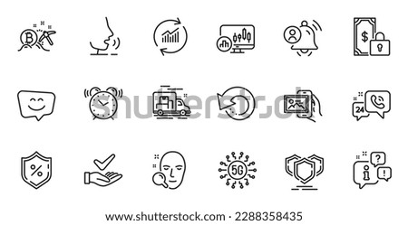 Outline set of Recovery data, Loan percent and Dermatologically tested line icons for web application. Talk, information, delivery truck outline icon. Vector